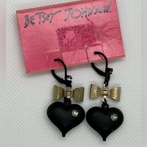 Betsey Johnson Black Heart and Bow Dangle Earrings, 1 ⅞ “x ¾ “